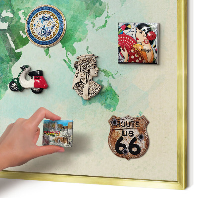Metal magnet board with a gold frame World map