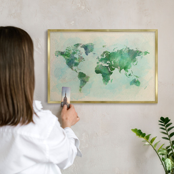Metal magnet board with a gold frame World map