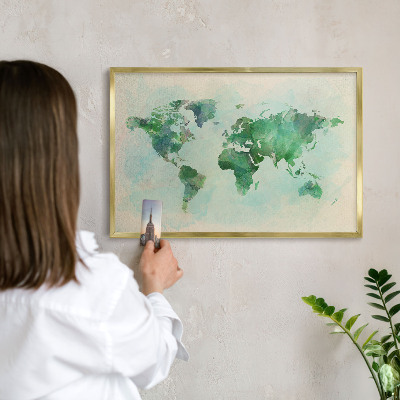 Metal magnet board with a gold frame World map