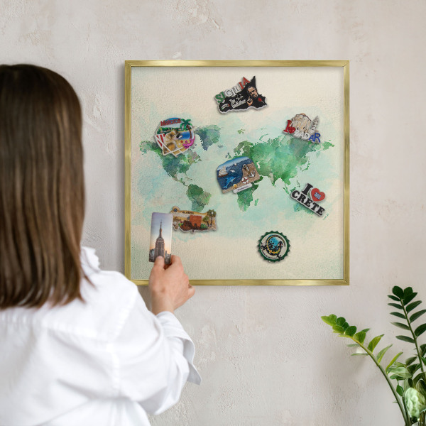 Metal magnet board with a gold frame World map