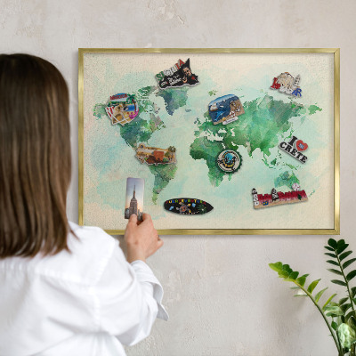 Metal magnet board with a gold frame World map