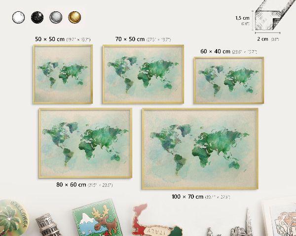 Metal magnet board with a gold frame World map