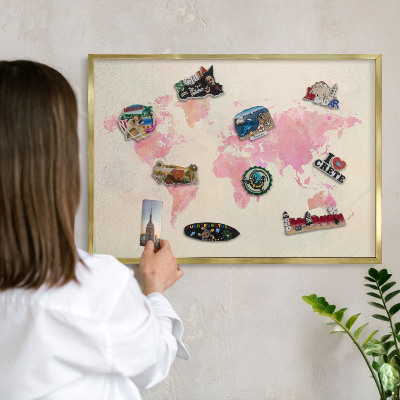 Magnetic board for magnets in a gold frame World map