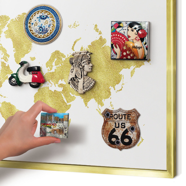 Metal magnet board with a gold frame World map