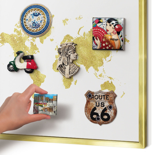 Metal magnet board with a gold frame World map