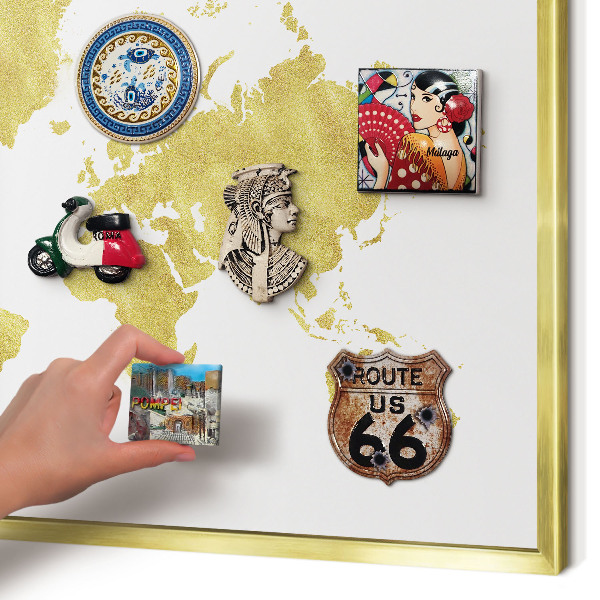 Metal magnet board with a gold frame World map