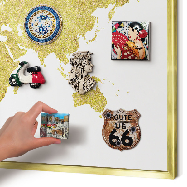 Metal magnet board with a gold frame World map