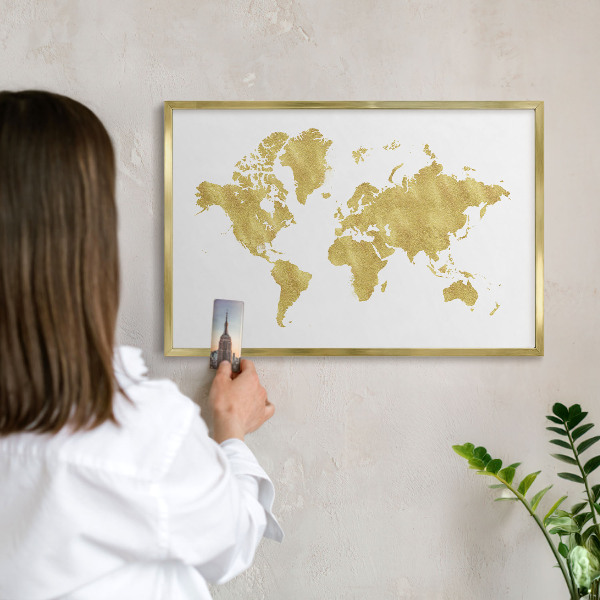 Metal magnet board with a gold frame World map