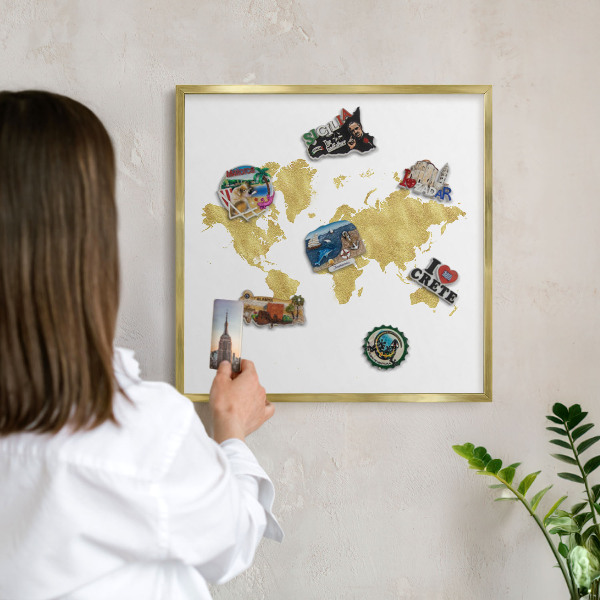 Metal magnet board with a gold frame World map