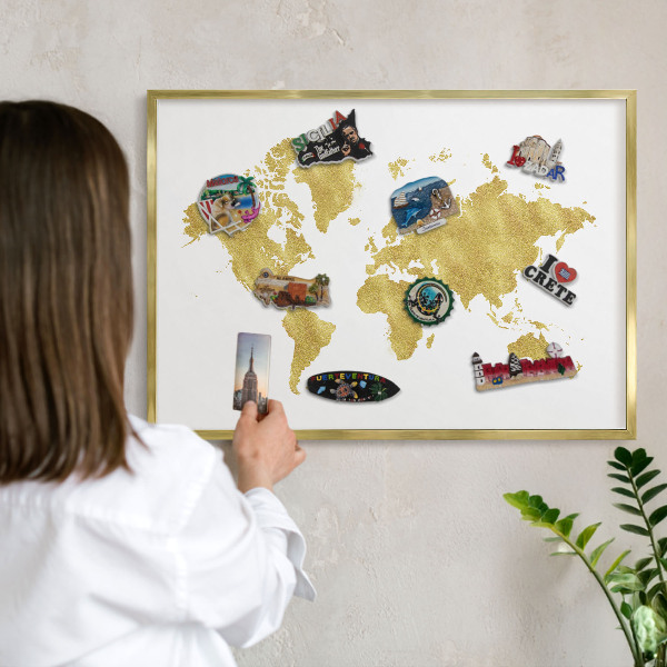 Metal magnet board with a gold frame World map