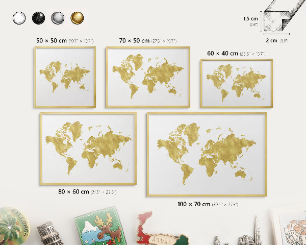 Metal magnet board with a gold frame World map