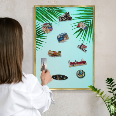 Metal magnet board with a gold frame Green leaves