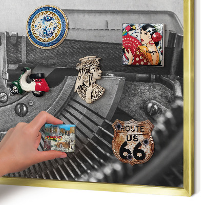 Metal magnet board with a gold frame Vintage machine