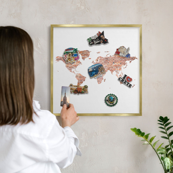 Metal magnet board with a gold frame Brick map