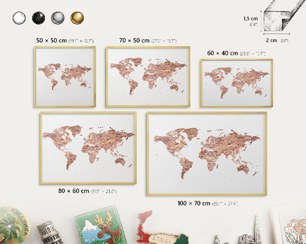 Metal magnet board with a gold frame Brick map