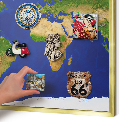 Metal magnet board with a gold frame Mapping the globe