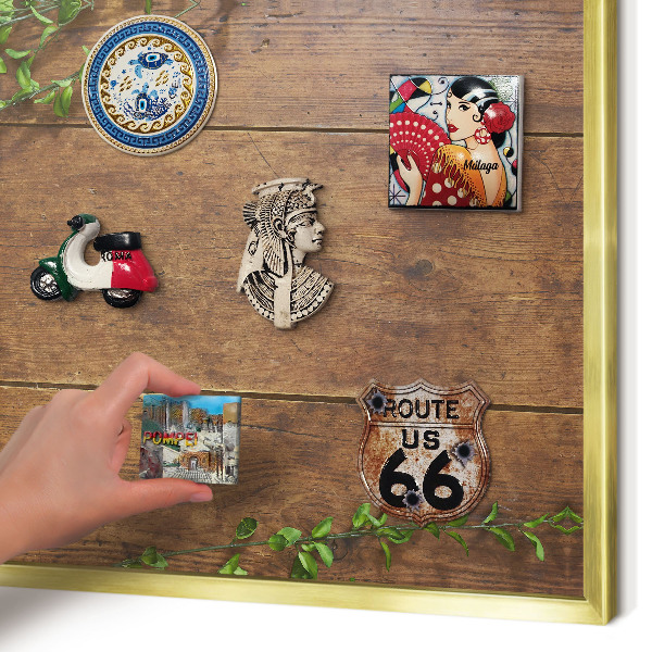 Metal magnet board with a gold frame Wood nature