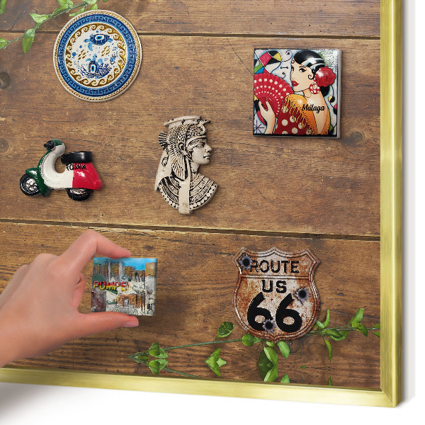 Metal magnet board with a gold frame Wood nature