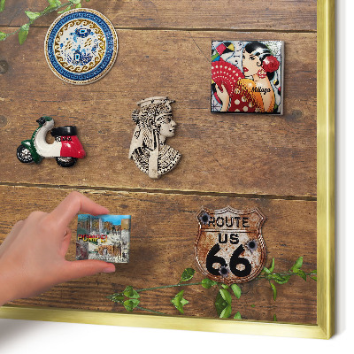 Metal magnet board with a gold frame Wood nature
