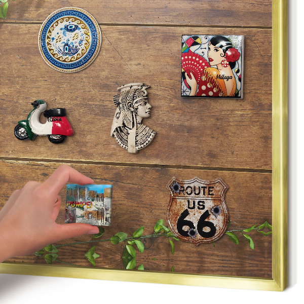 Metal magnet board with a gold frame Wood nature