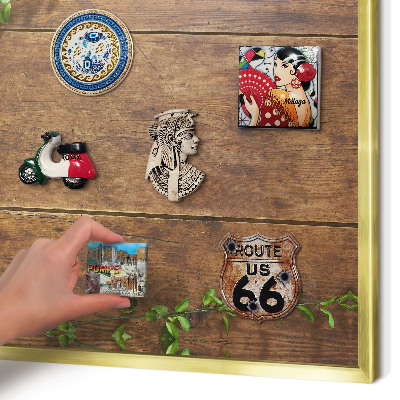 Metal magnet board with a gold frame Wood nature