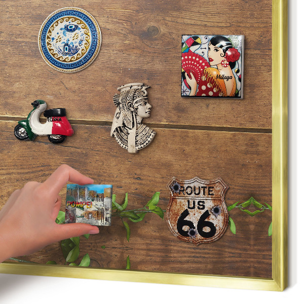Metal magnet board with a gold frame Wood nature