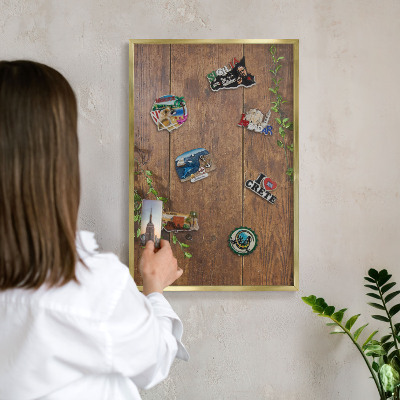 Metal magnet board with a gold frame Wood nature
