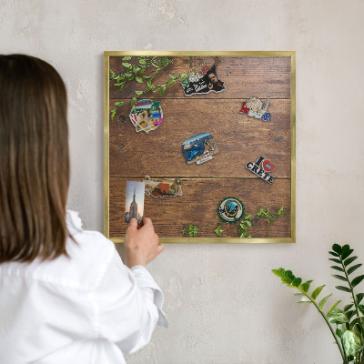Metal magnet board with a gold frame Wood nature