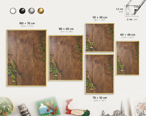 Metal magnet board with a gold frame Wood nature