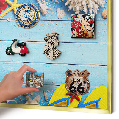 Metal magnet board with a gold frame Holiday beach