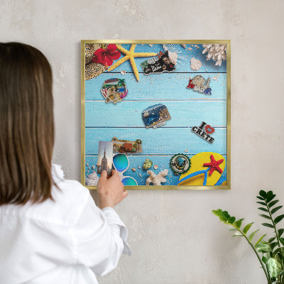 Metal magnet board with a gold frame Holiday beach