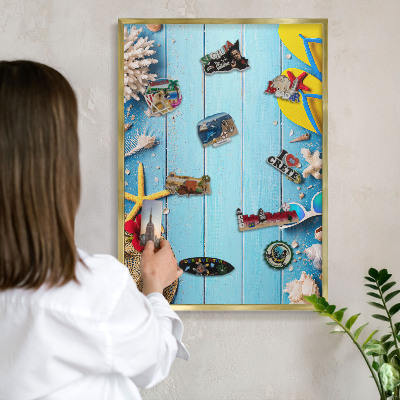 Metal magnet board with a gold frame Holiday beach