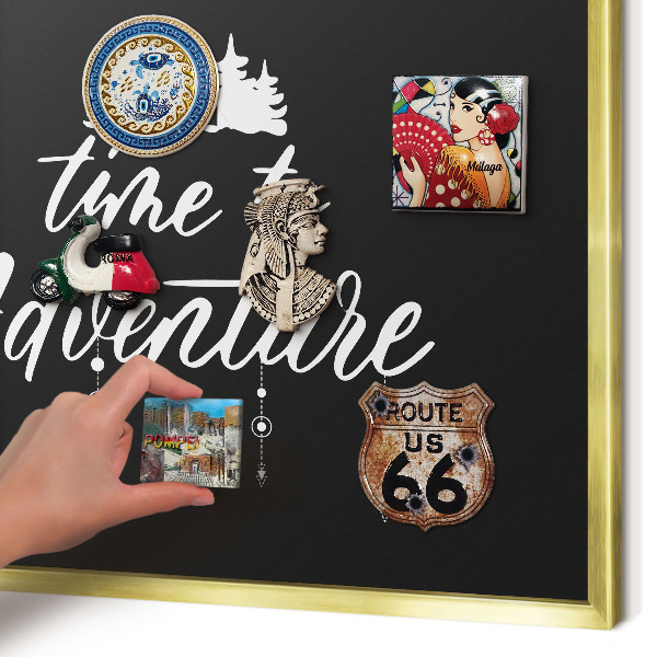 Metal magnet board with a gold frame Adventure awaits