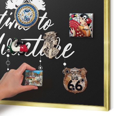 Metal magnet board with a gold frame Adventure awaits