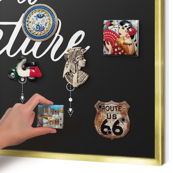 Metal magnet board with a gold frame Adventure awaits