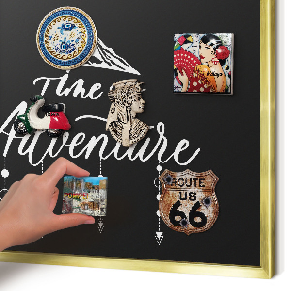 Metal magnet board with a gold frame Adventure awaits