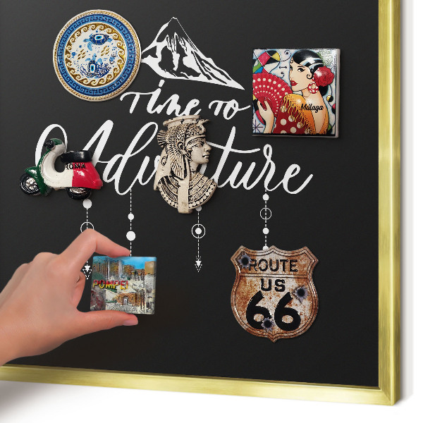 Metal magnet board with a gold frame Adventure awaits