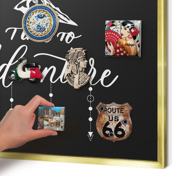 Metal magnet board with a gold frame Adventure awaits