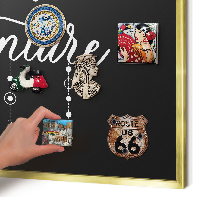 Metal magnet board with a gold frame Adventure awaits