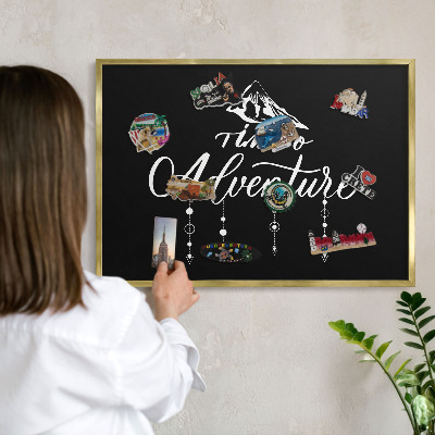 Metal magnet board with a gold frame Adventure awaits