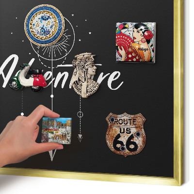 Metal magnet board with a gold frame Adventure awaits