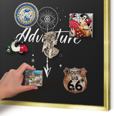 Metal magnet board with a gold frame Adventure awaits