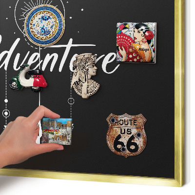 Metal magnet board with a gold frame Adventure awaits