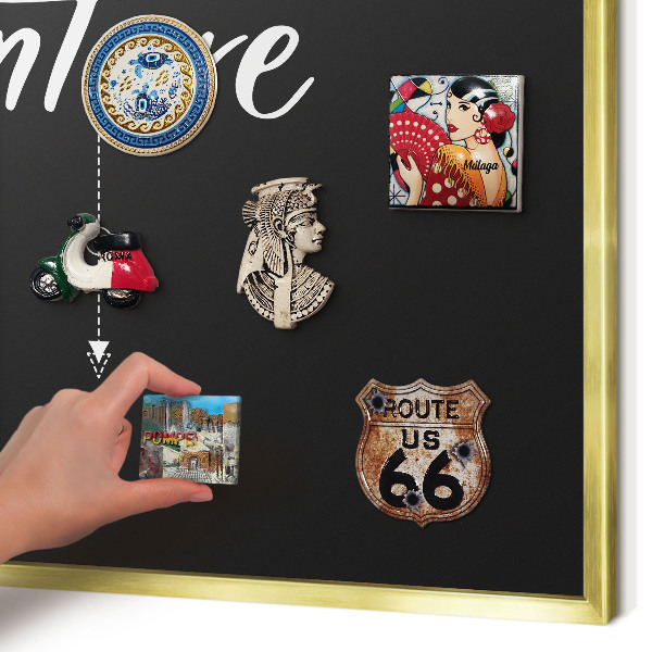 Metal magnet board with a gold frame Adventure awaits