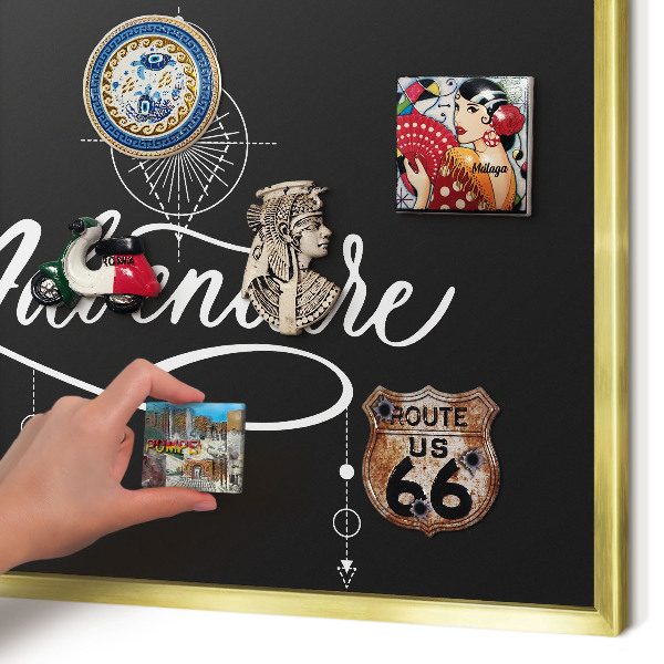 Metal magnet board with a gold frame Travel inspiration