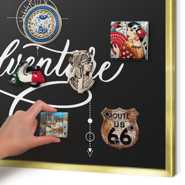 Metal magnet board with a gold frame Travel inspiration