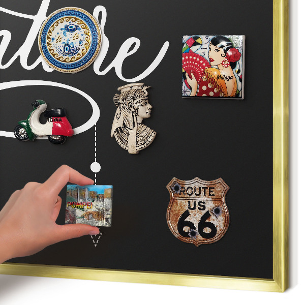 Metal magnet board with a gold frame Travel inspiration