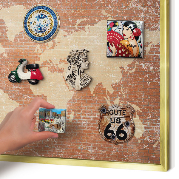 Metal magnet board with a gold frame Brick map