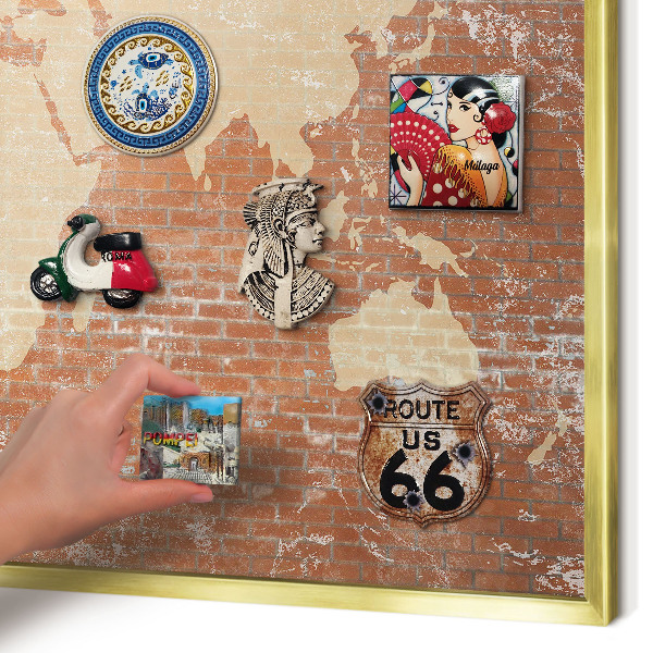 Metal magnet board with a gold frame Brick map