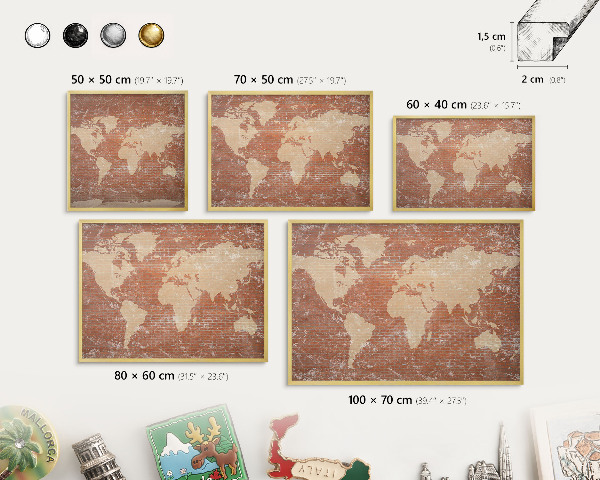 Metal magnet board with a gold frame Brick map